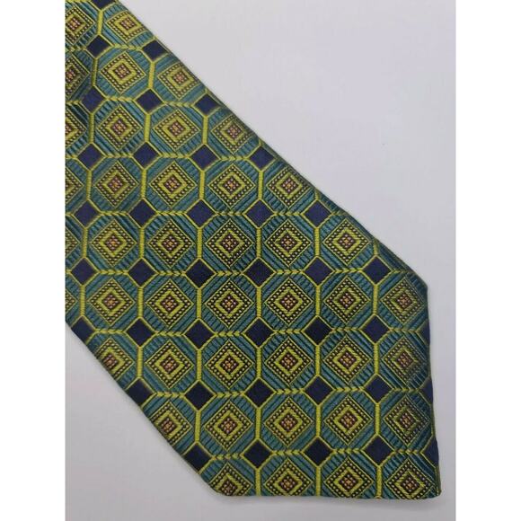 IKE BEHAR New York - 100% Silk - Blue Green Geometric Neck Tie - Picture 1 of 3